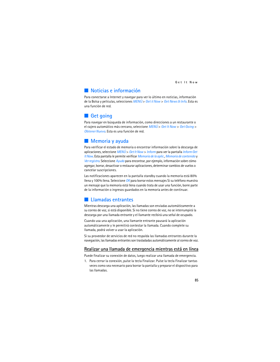 Noticias e información, Get going, Llamadas entrantes | Nokia 6305i User Manual | Page 86 / 137