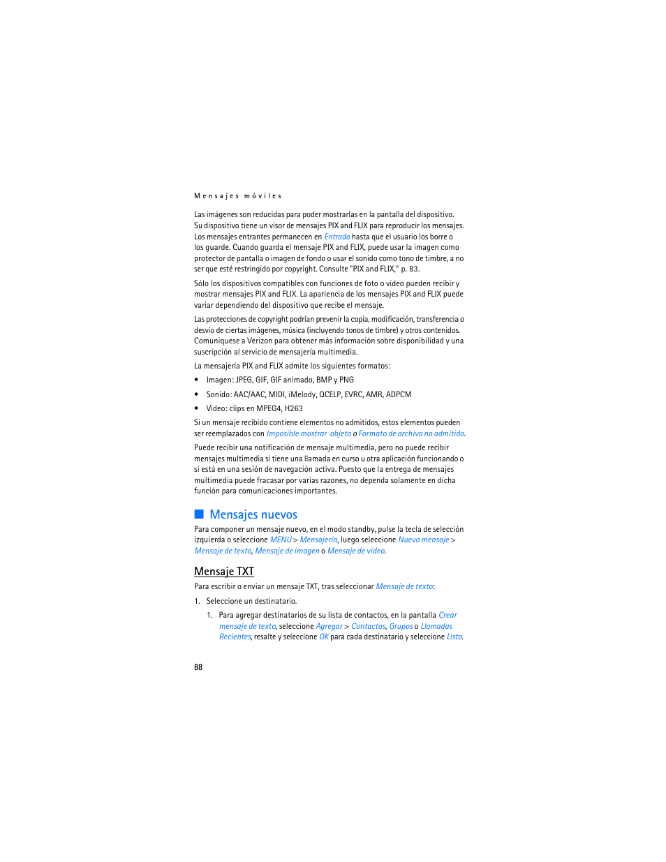 Mensajes nuevos, Mensaje txt | Nokia 6305i User Manual | Page 89 / 137