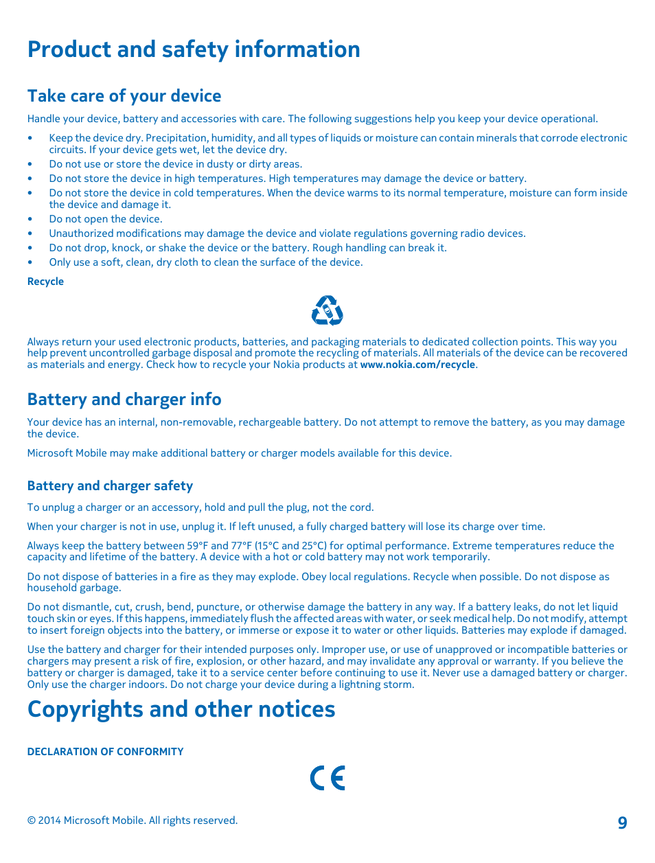 Product and safety information, Take care of your device, Battery and charger info | Battery and charger safety, Copyrights and other notices | Nokia DC-19 User Manual | Page 9 / 10