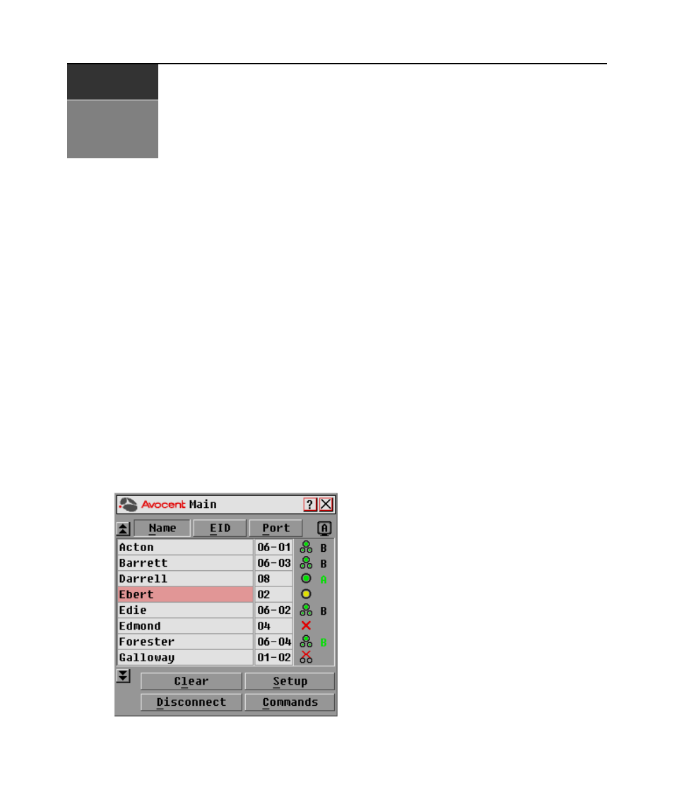 Local port operation, Controlling your system at the local port, Viewing and selecting ports and servers | Chapter 3: local port operation, Figure 3.1: main dialog box | Avocent DSR1020 User Manual | Page 23 / 76