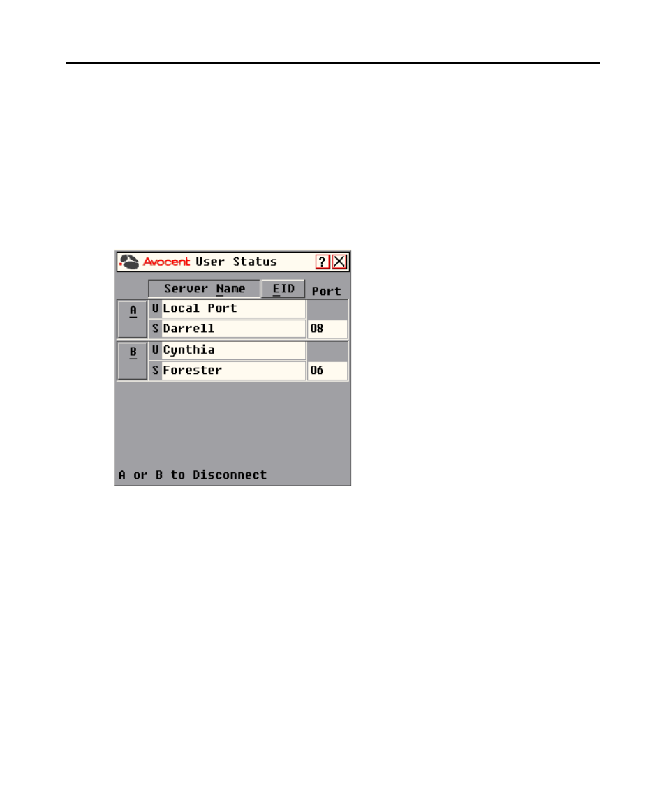 Figure 3.16: user status dialog box, Viewing and disconnecting user connections | Avocent DSR1020 User Manual | Page 44 / 76