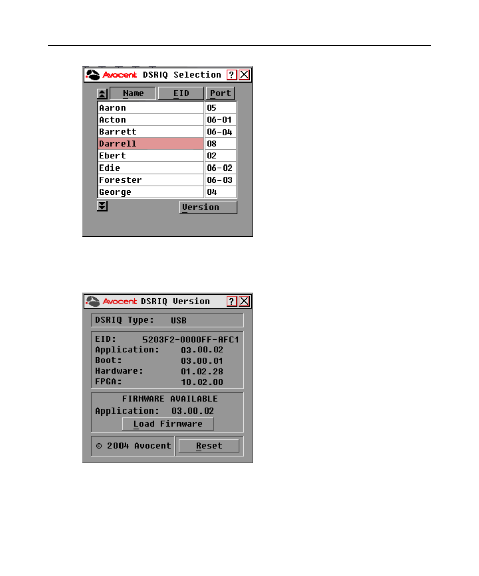 Figure 3.19: dsriq selection dialog box, Figure 3.20: dsriq version dialog box | Avocent DSR1020 User Manual | Page 47 / 76