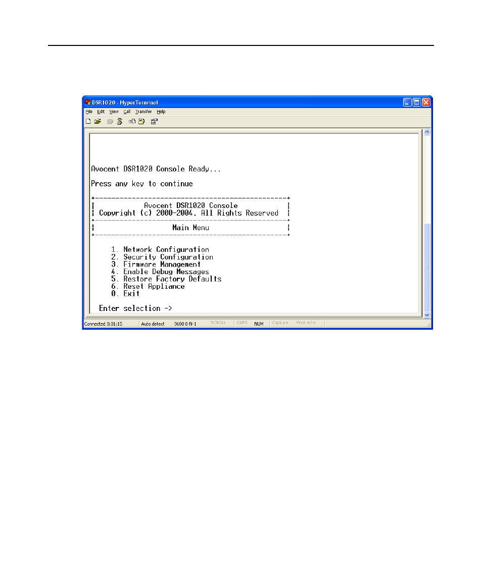 Figure 4.1: console main menu | Avocent DSR1020 User Manual | Page 50 / 76