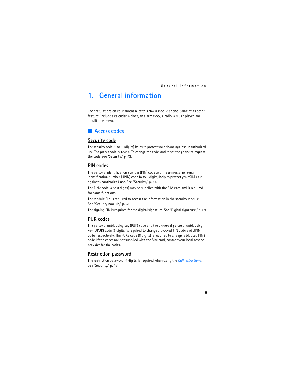 General information, Access codes | Nokia 5300 XpressMusic User Manual | Page 10 / 177