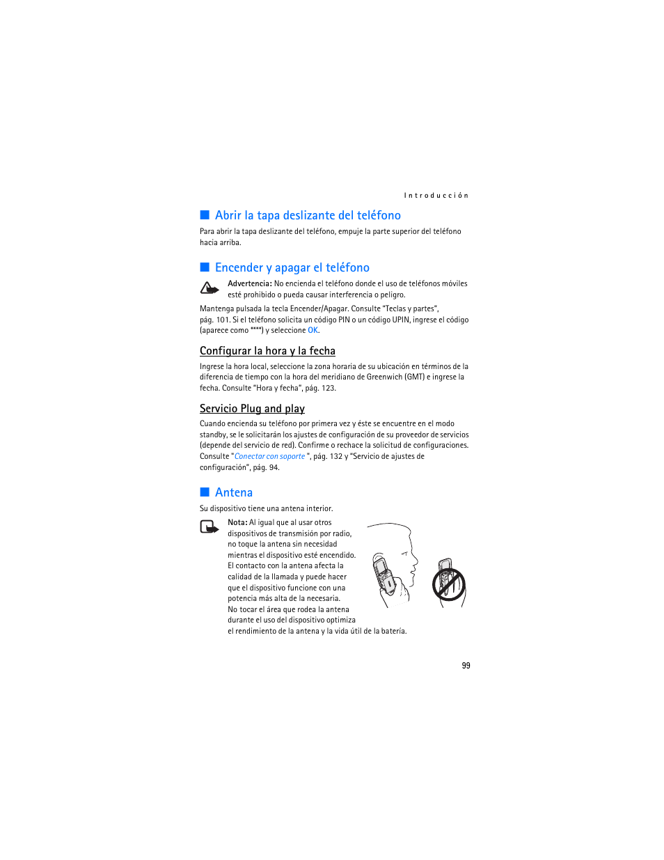 Abrir la tapa deslizante del teléfono, Encender y apagar el teléfono, Antena | Configurar la hora y la fecha, Servicio plug and play | Nokia 5300 XpressMusic User Manual | Page 100 / 177