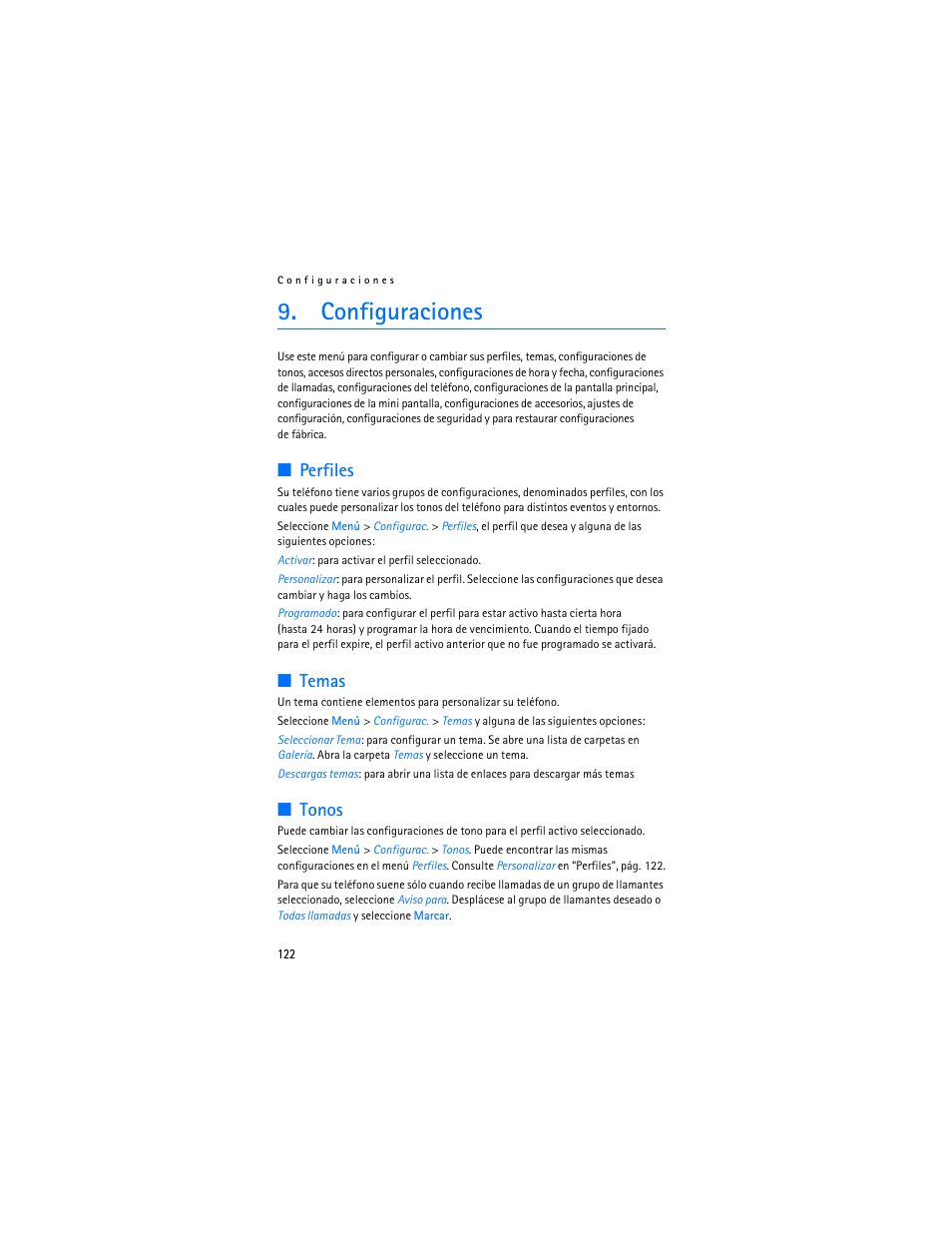 Configuraciones, Perfiles, Temas | Tonos, Perfiles temas tonos | Nokia 5300 XpressMusic User Manual | Page 123 / 177