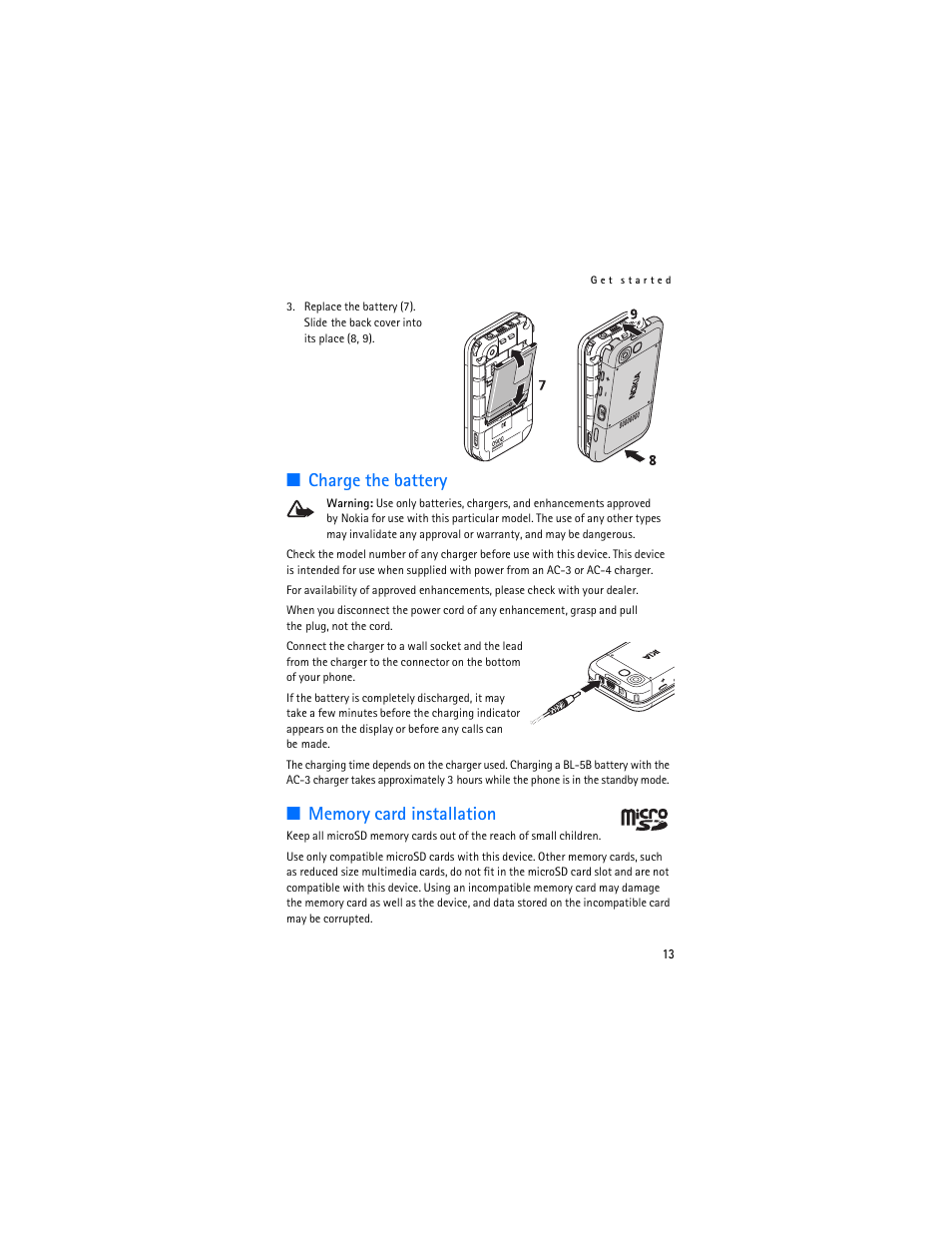 Charge the battery, Memory card installation, Charge the battery memory card installation | Nokia 5300 XpressMusic User Manual | Page 14 / 177