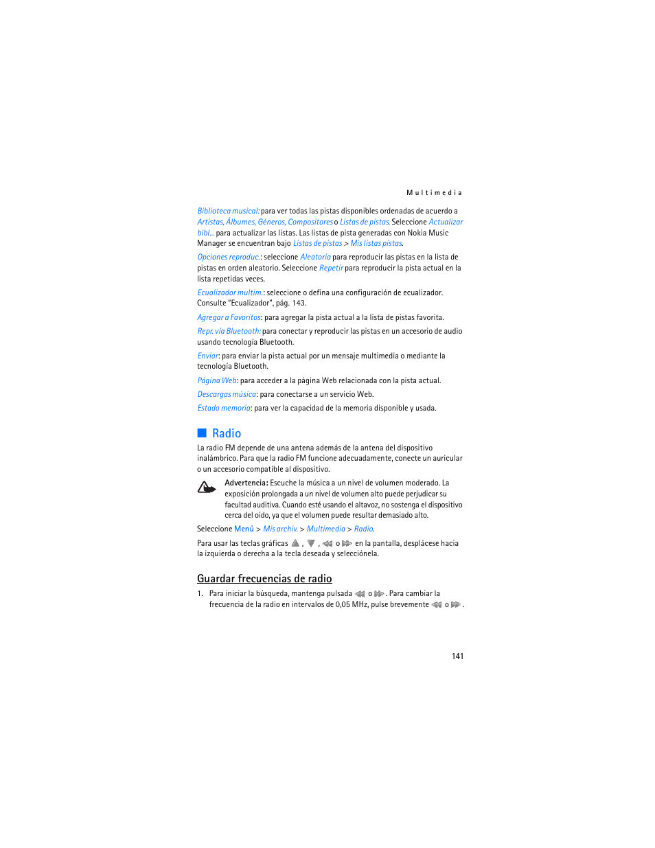Radio, Guardar frecuencias de radio | Nokia 5300 XpressMusic User Manual | Page 142 / 177