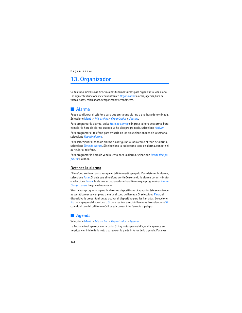 Organizador, Alarma, Agenda | Alarma agenda, Detener la alarma | Nokia 5300 XpressMusic User Manual | Page 145 / 177