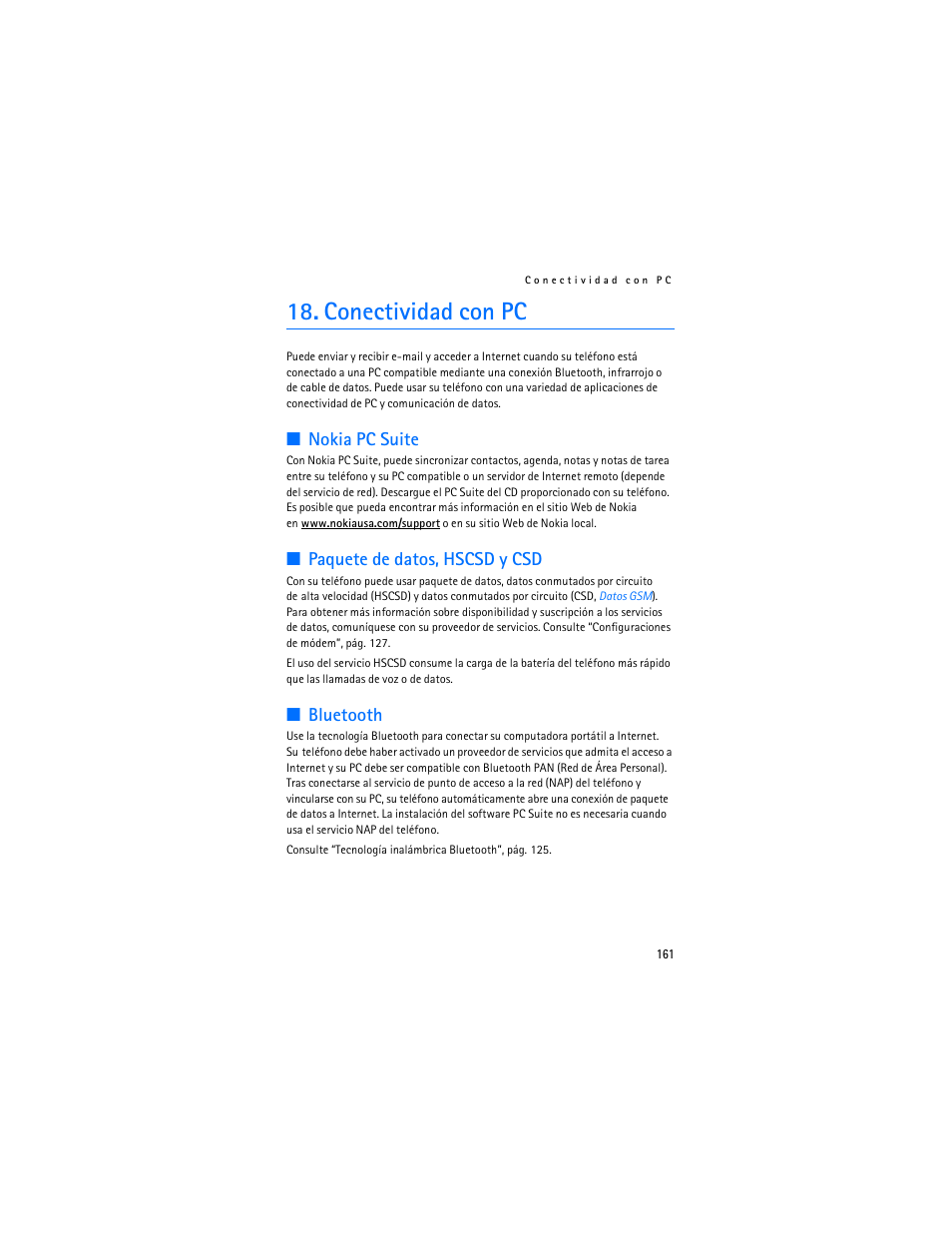 Conectividad con pc, Nokia pc suite, Paquete de datos, hscsd y csd | Bluetooth | Nokia 5300 XpressMusic User Manual | Page 162 / 177