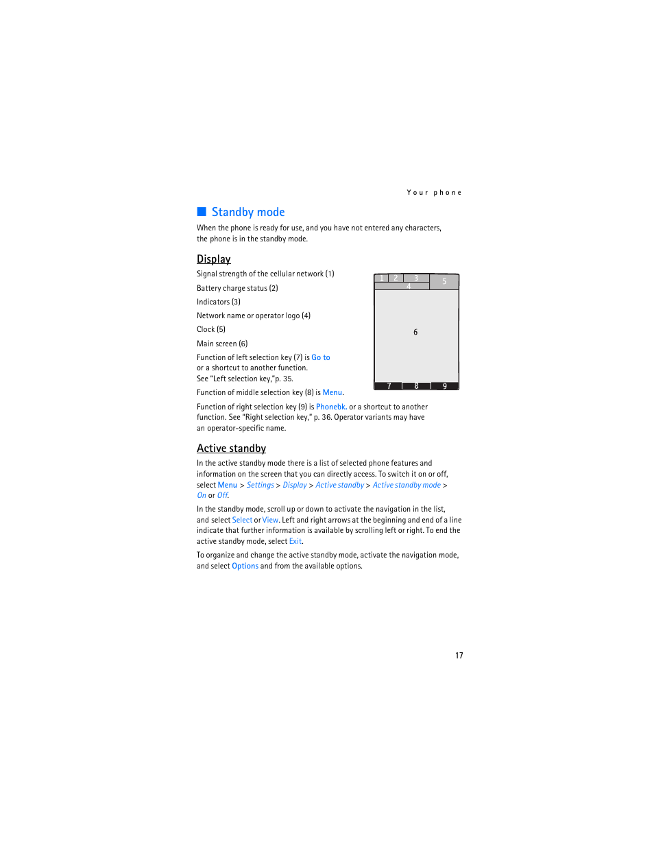 Standby mode, Display, Active standby | Nokia 5300 XpressMusic User Manual | Page 18 / 177