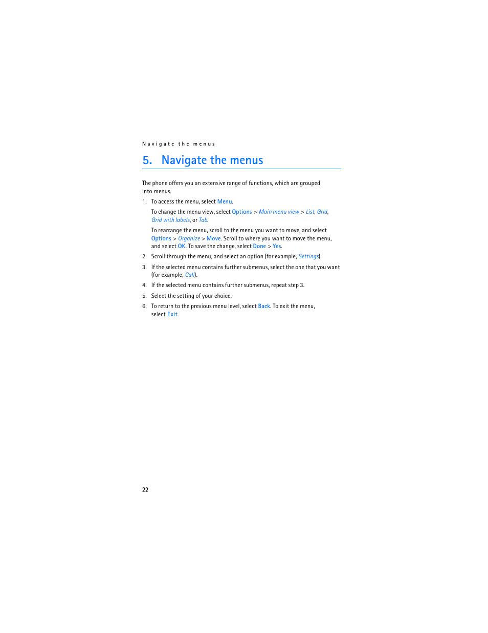 Navigate the menus | Nokia 5300 XpressMusic User Manual | Page 23 / 177