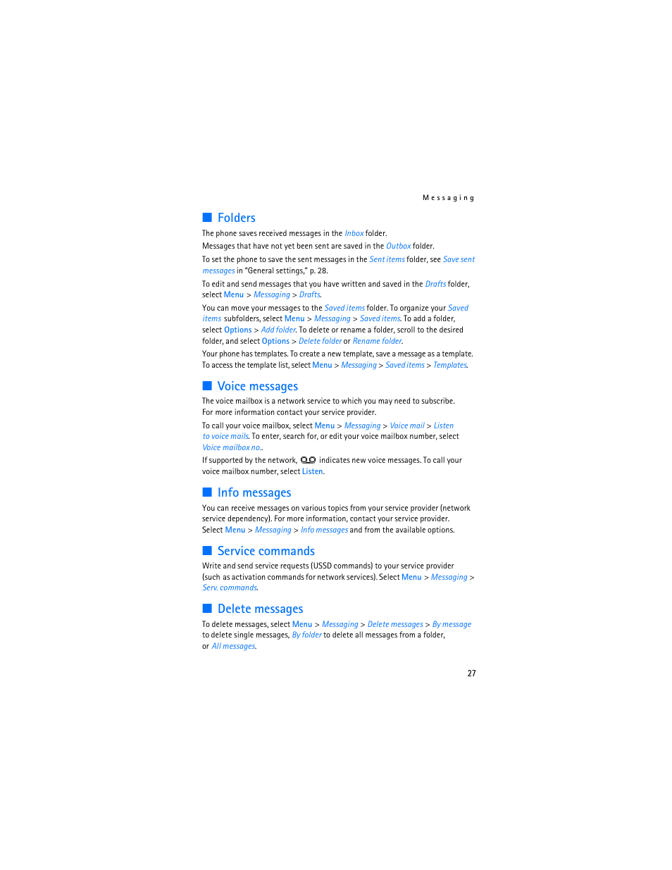 Folders, Voice messages, Info messages | Service commands, Delete messages | Nokia 5300 XpressMusic User Manual | Page 28 / 177