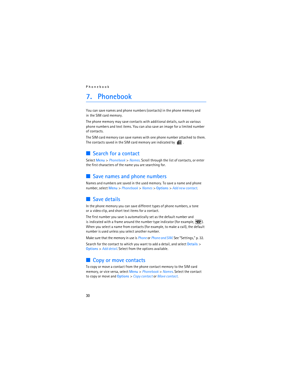 Phonebook, Search for a contact, Save names and phone numbers | Save details, Copy or move contacts | Nokia 5300 XpressMusic User Manual | Page 31 / 177