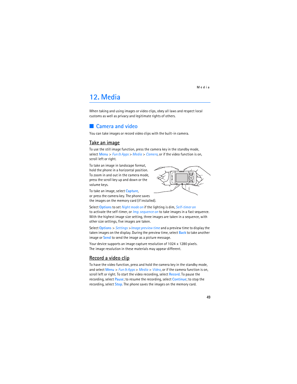 Media, Camera and video, Take an image | Record a video clip | Nokia 5300 XpressMusic User Manual | Page 50 / 177