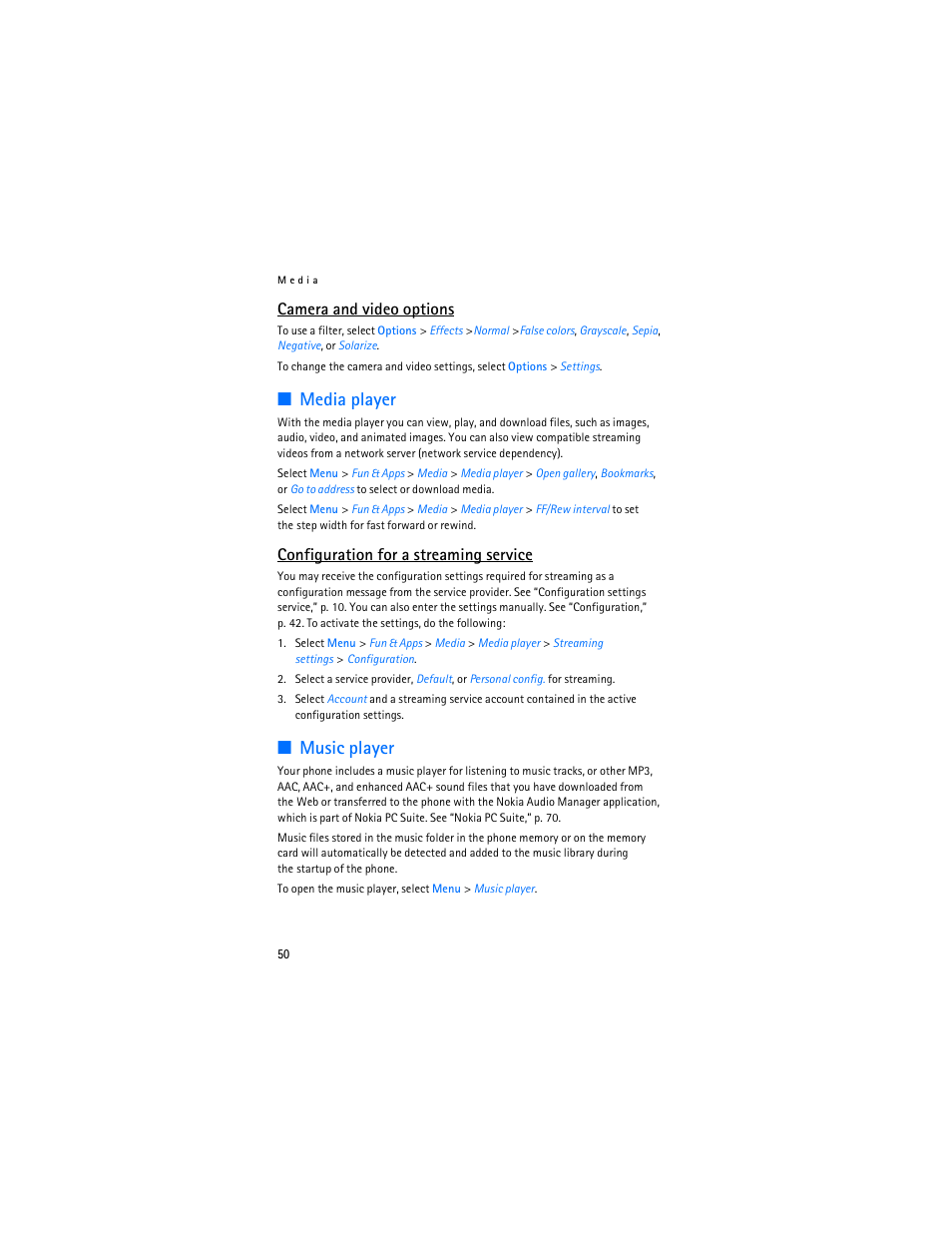 Media player, Music player, Media player music player | Camera and video options, Configuration for a streaming service | Nokia 5300 XpressMusic User Manual | Page 51 / 177