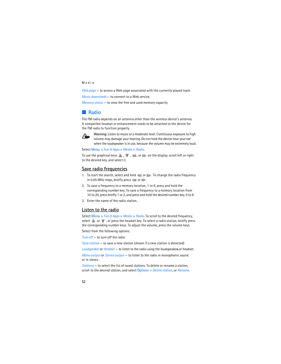 Radio, Save radio frequencies, Listen to the radio | Nokia 5300 XpressMusic User Manual | Page 53 / 177