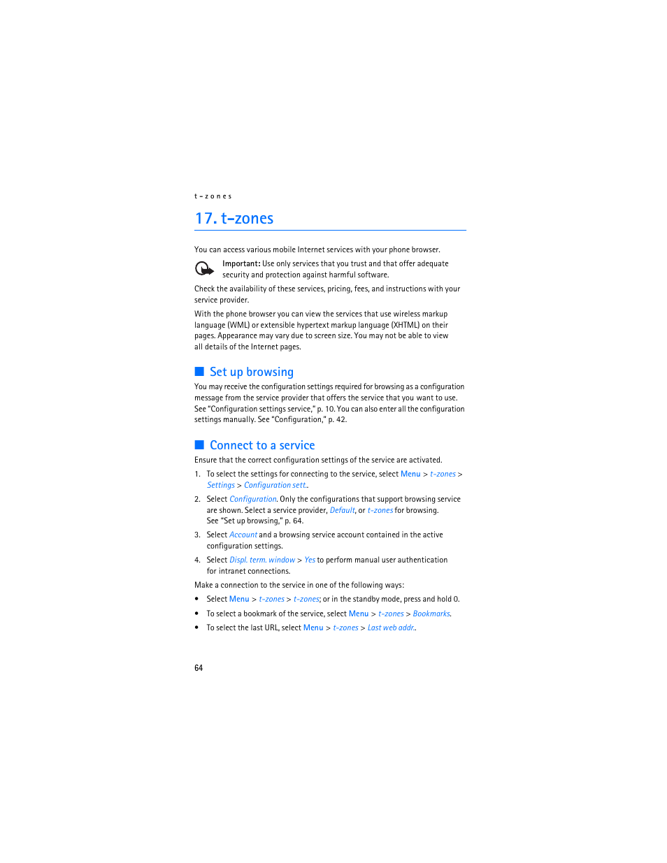 T-zones, Set up browsing, Connect to a service | Set up browsing connect to a service | Nokia 5300 XpressMusic User Manual | Page 65 / 177