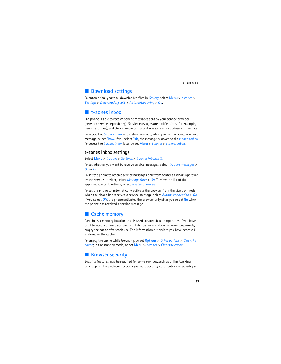 Download settings, T-zones inbox, Cache memory | Browser security, Cache memory,” p, T-zones inbox settings | Nokia 5300 XpressMusic User Manual | Page 68 / 177