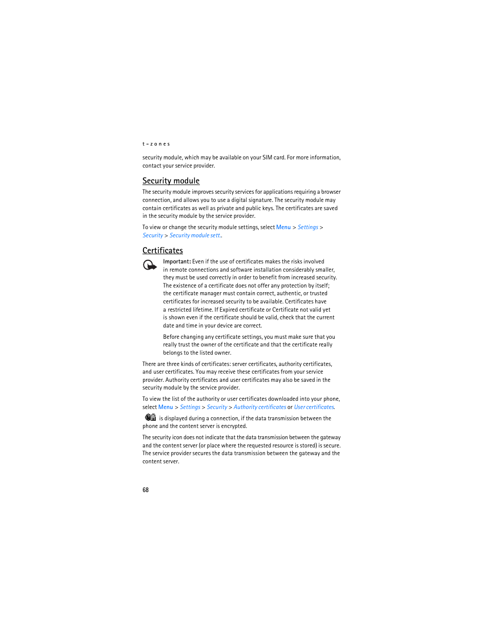 Security module, Certificates | Nokia 5300 XpressMusic User Manual | Page 69 / 177