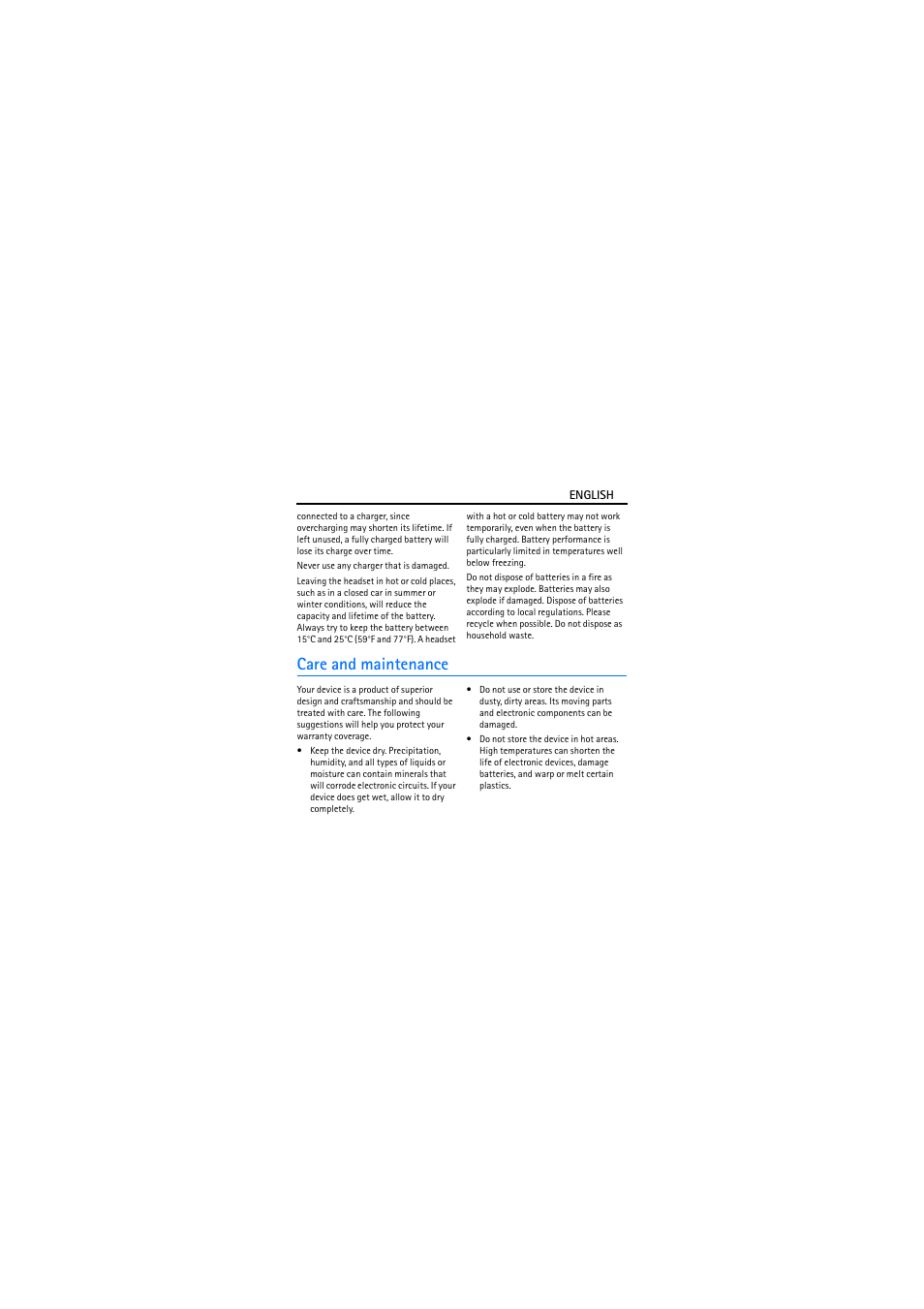 Care and maintenance | Nokia Bluetooth Headset BH-301 User Manual | Page 9 / 10