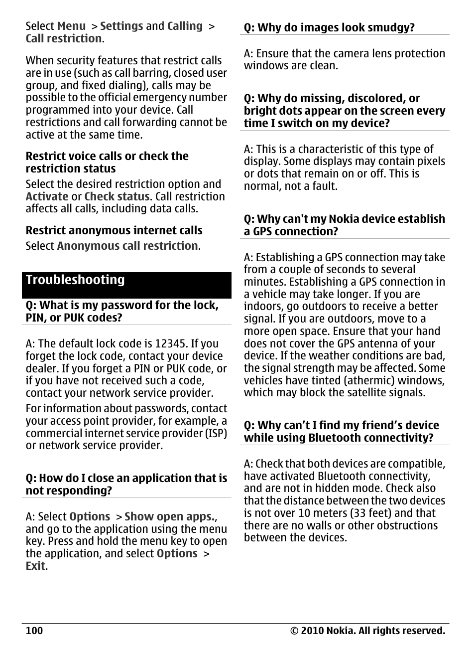 Troubleshooting | Nokia C6-00 User Manual | Page 100 / 112