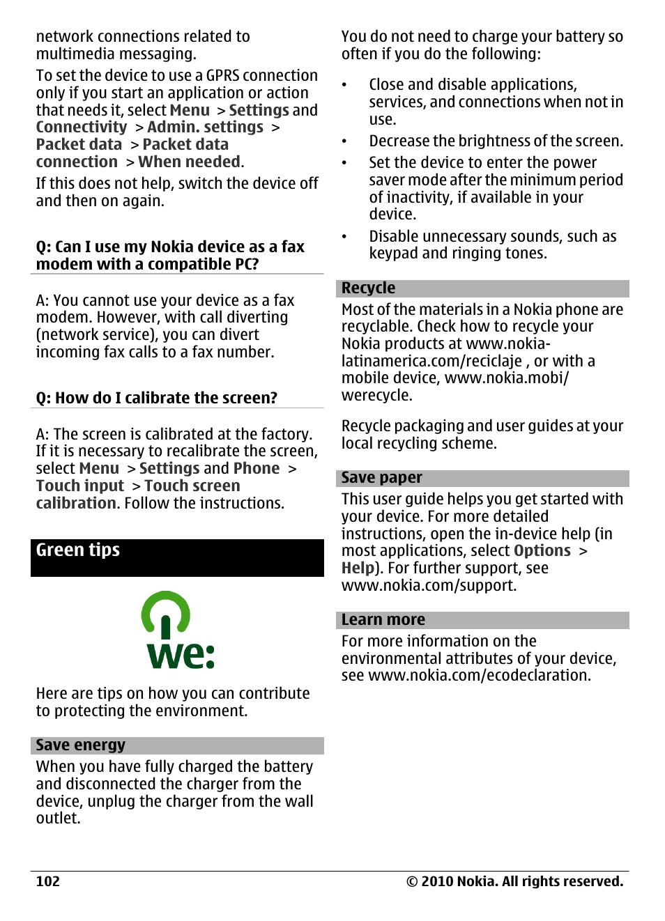 Green tips, Save energy, Recycle | Save paper, Learn more | Nokia C6-00 User Manual | Page 102 / 112