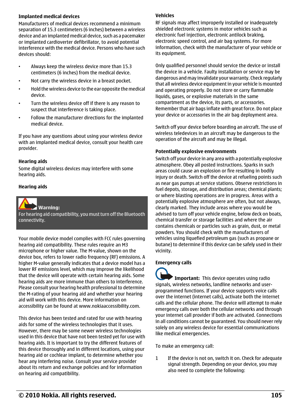 Implanted medical devices, Hearing aids, Vehicles | Potentially explosive environments, Emergency calls | Nokia C6-00 User Manual | Page 105 / 112