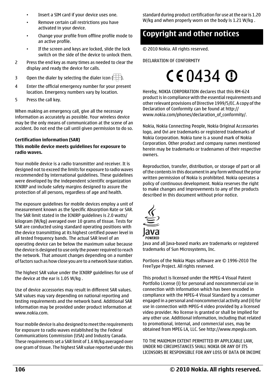 Certification information (sar), Copyright and other notices | Nokia C6-00 User Manual | Page 106 / 112