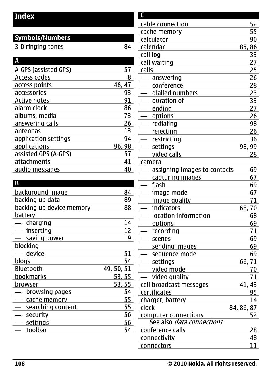 Index | Nokia C6-00 User Manual | Page 108 / 112