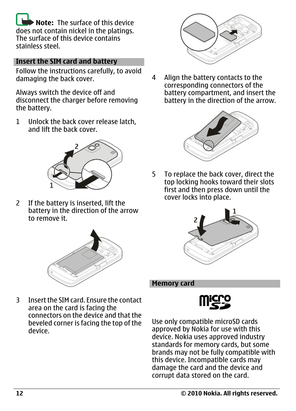Insert the sim card and battery, Memory card | Nokia C6-00 User Manual | Page 12 / 112