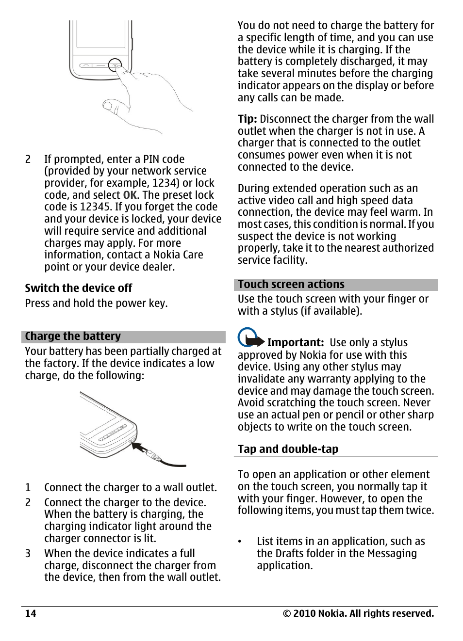 Charge the battery, Touch screen actions | Nokia C6-00 User Manual | Page 14 / 112