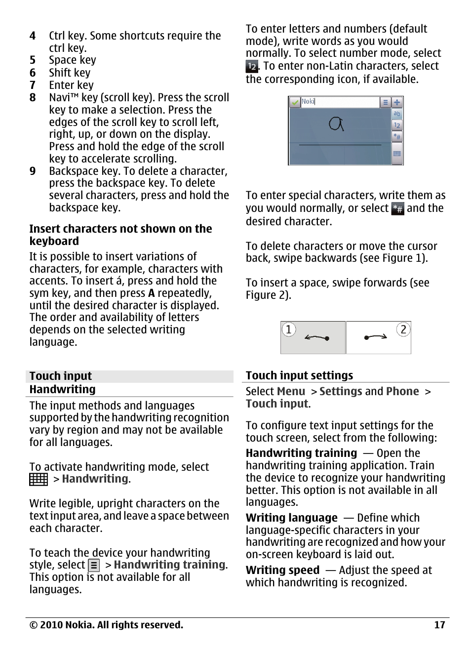 Touch input, Handwriting, Touch input settings | Nokia C6-00 User Manual | Page 17 / 112