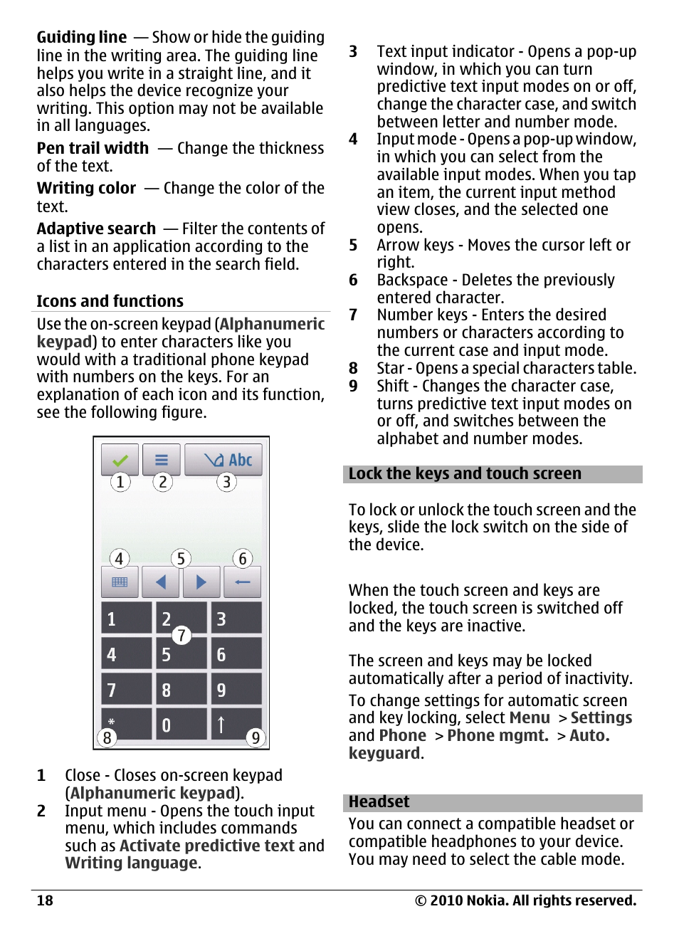 Icons and functions, Lock the keys and touch screen, Headset | Nokia C6-00 User Manual | Page 18 / 112