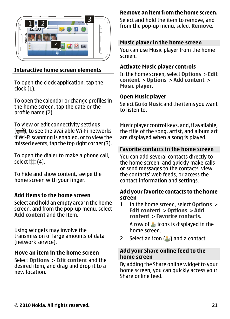 Music player in the home screen, Favorite contacts in the home screen, Add your share online feed to the home screen | Nokia C6-00 User Manual | Page 21 / 112