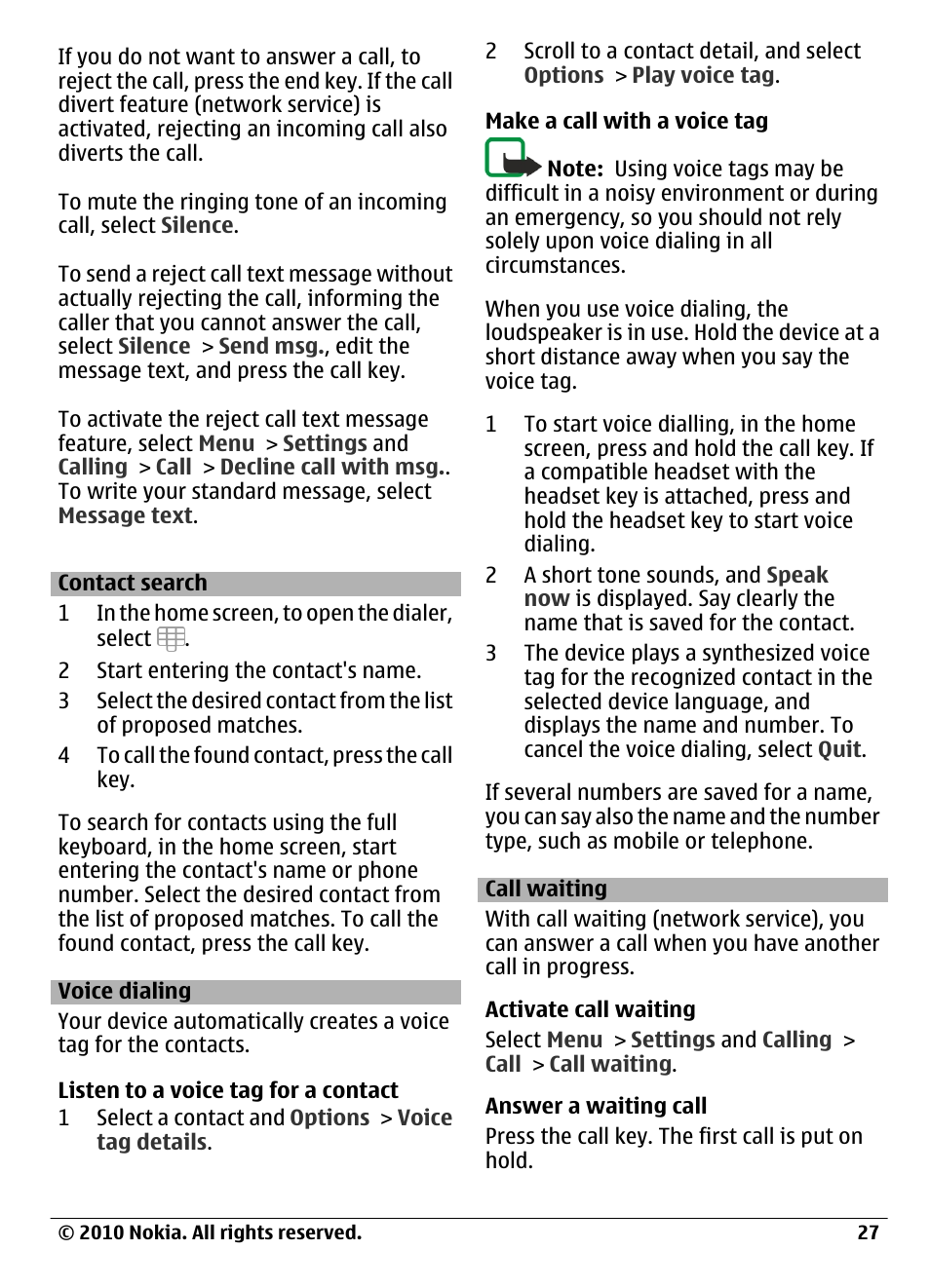 Contact search, Voice dialing, Call waiting | Nokia C6-00 User Manual | Page 27 / 112