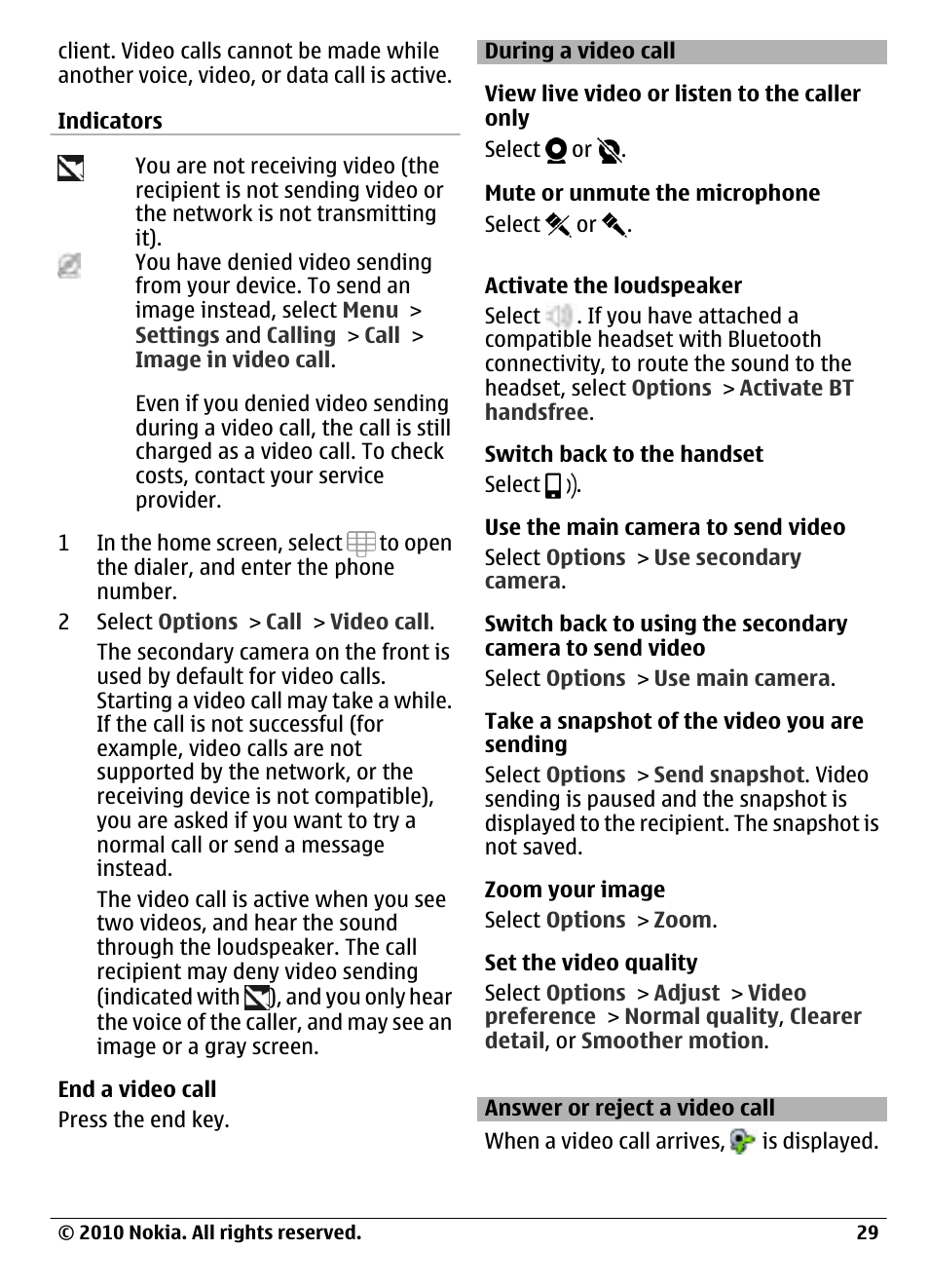 During a video call, Answer or reject a video call | Nokia C6-00 User Manual | Page 29 / 112