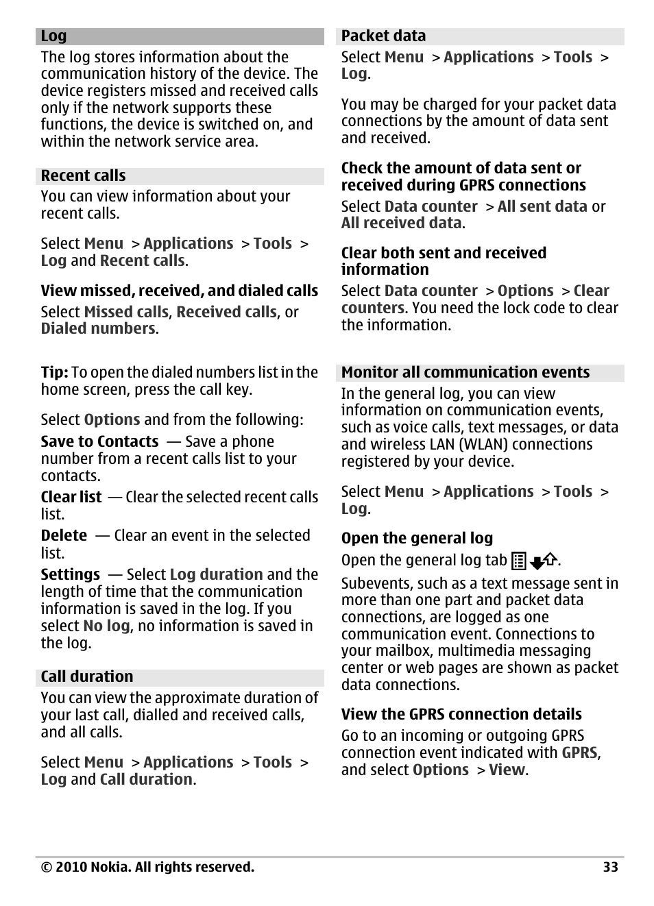 Recent calls, Call duration, Packet data | Monitor all communication events | Nokia C6-00 User Manual | Page 33 / 112