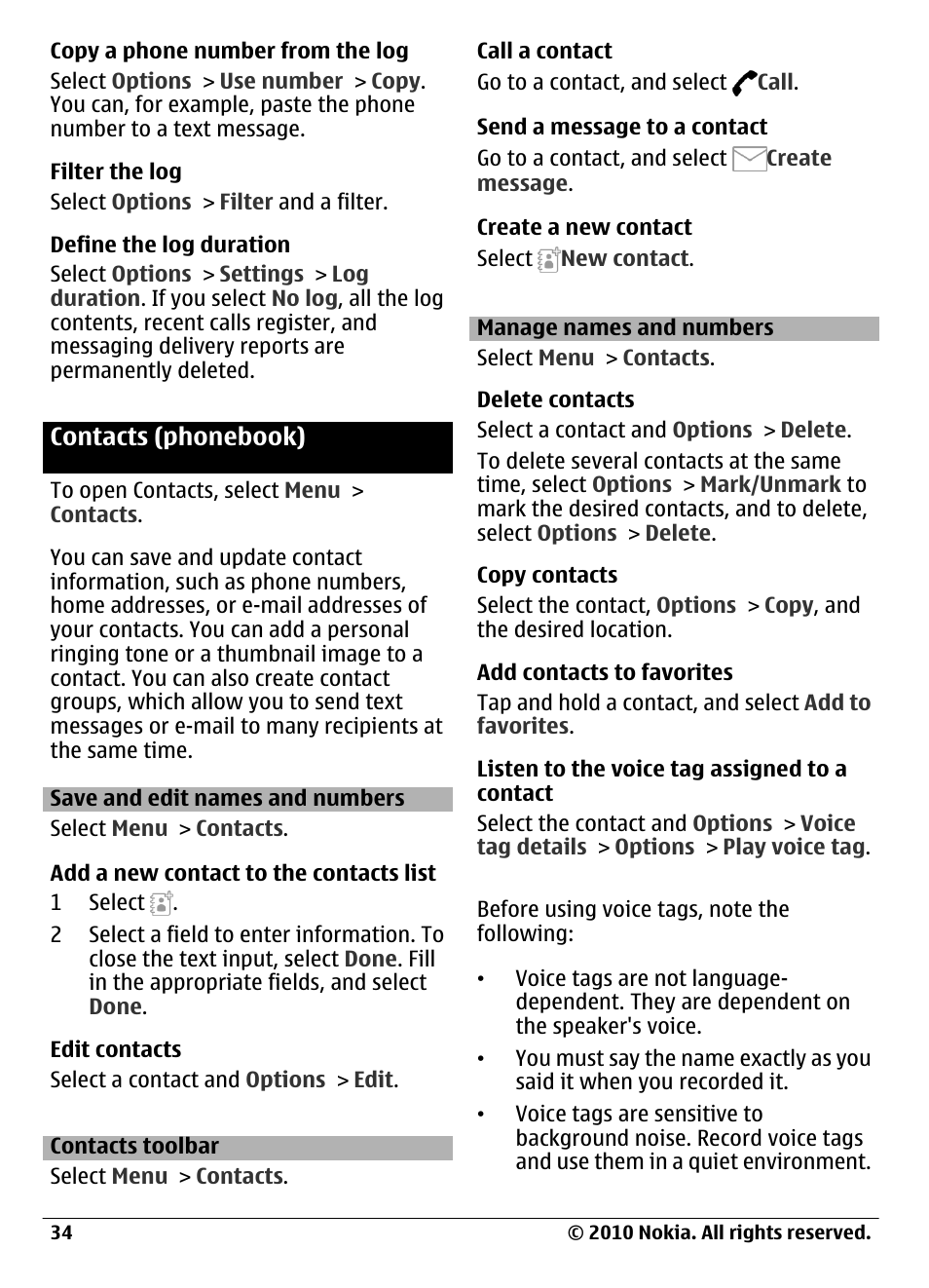 Contacts (phonebook), Save and edit names and numbers, Contacts toolbar | Manage names and numbers | Nokia C6-00 User Manual | Page 34 / 112