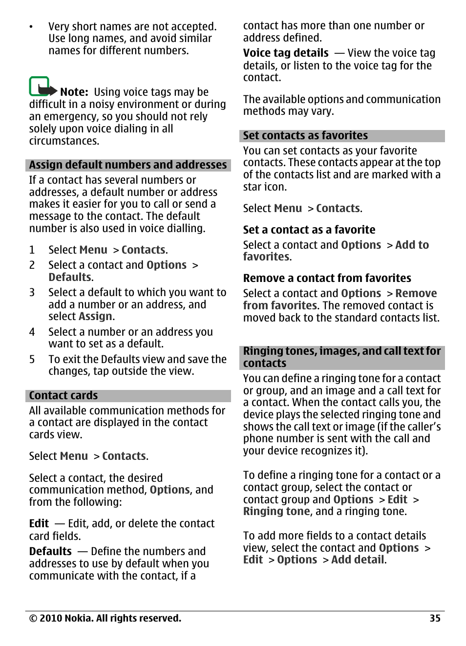 Assign default numbers and addresses, Contact cards, Set contacts as favorites | Ringing tones, images, and call text for contacts, Assign default numbers and, Addresses, Ringing tones, images, and call text for, Contacts | Nokia C6-00 User Manual | Page 35 / 112