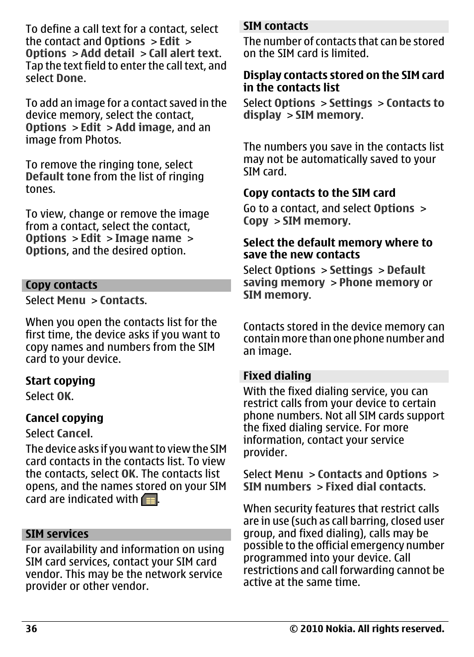 Copy contacts, Sim services, Sim contacts | Fixed dialing | Nokia C6-00 User Manual | Page 36 / 112