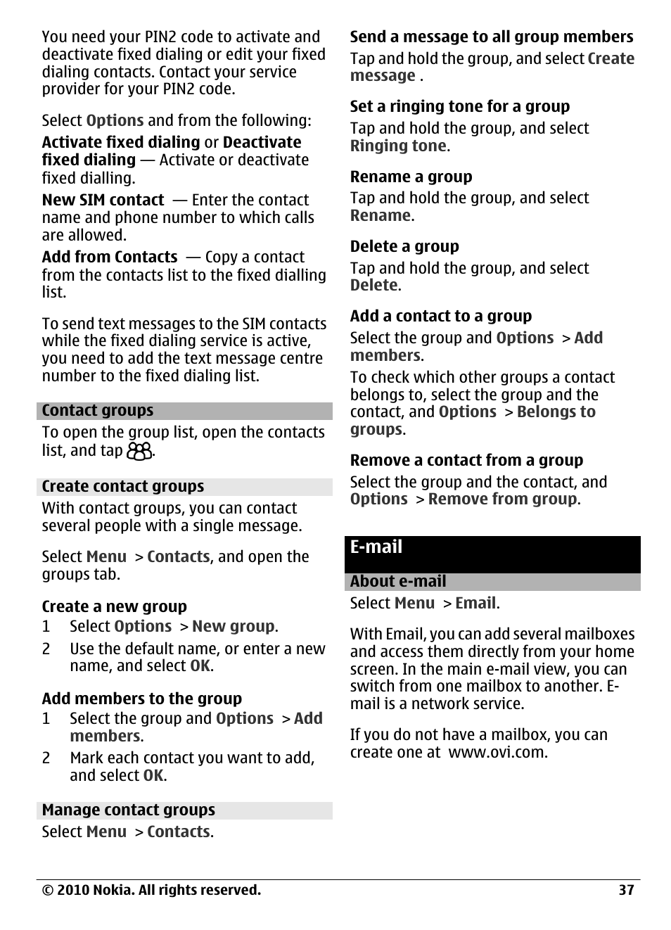 Contact groups, Create contact groups, Manage contact groups | E-mail, About e-mail | Nokia C6-00 User Manual | Page 37 / 112