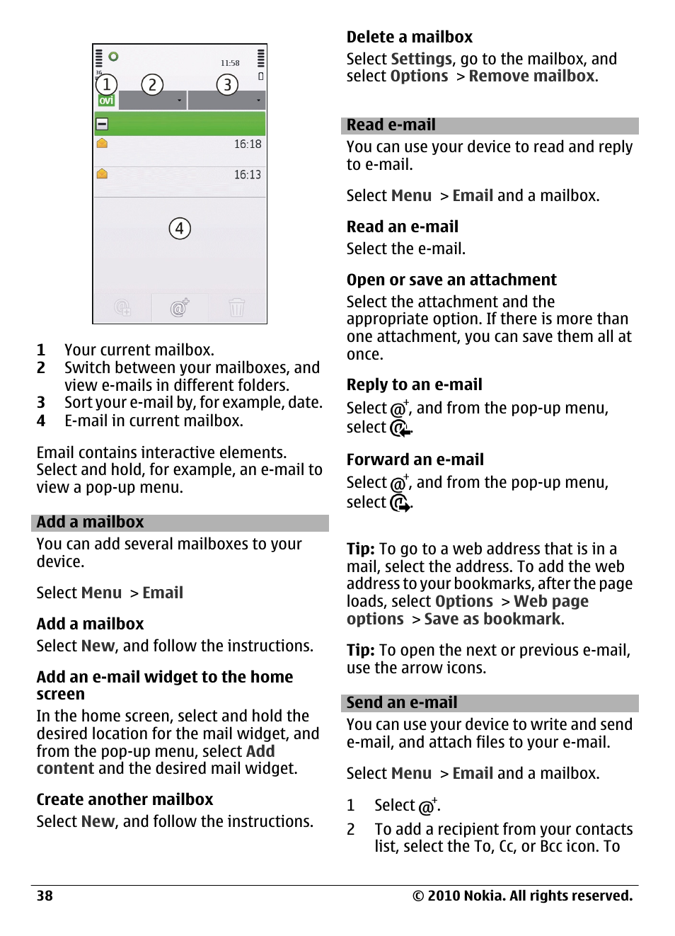 Add a mailbox, Read e-mail, Send an e-mail | Nokia C6-00 User Manual | Page 38 / 112