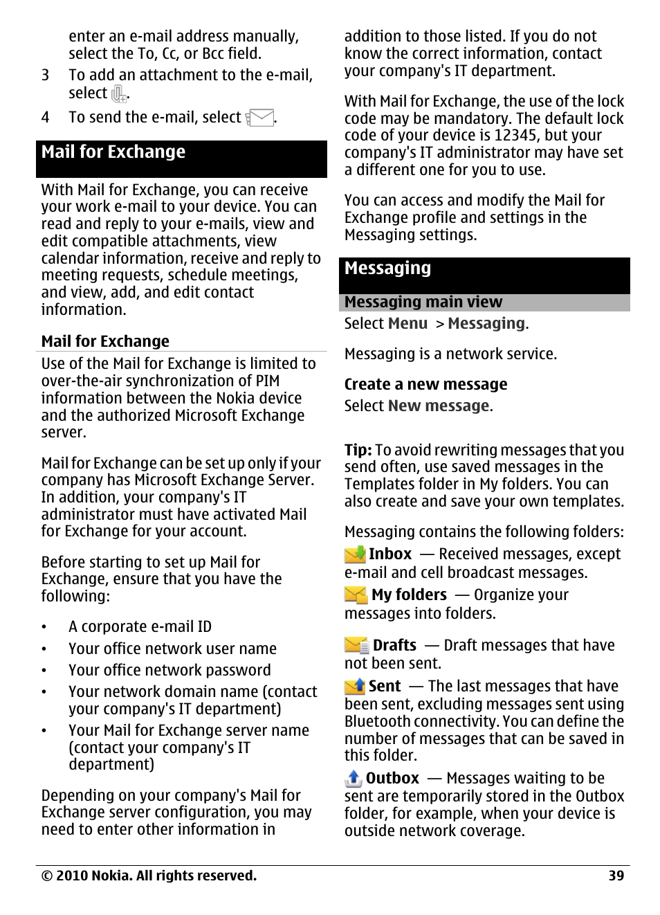 Mail for exchange, Messaging, Messaging main view | Nokia C6-00 User Manual | Page 39 / 112