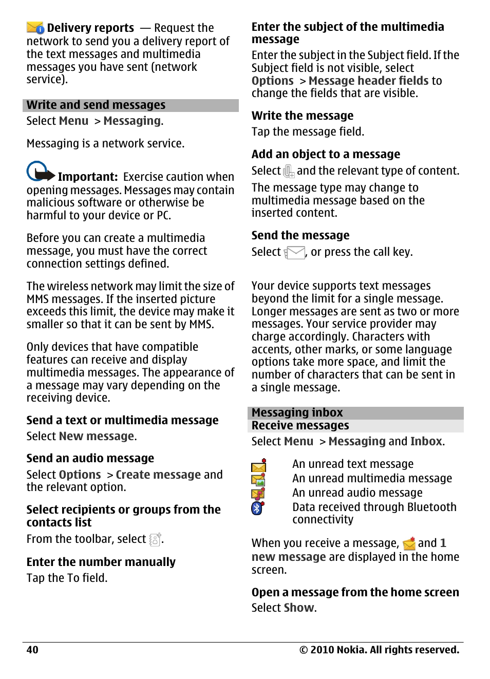 Write and send messages, Messaging inbox, Receive messages | Nokia C6-00 User Manual | Page 40 / 112