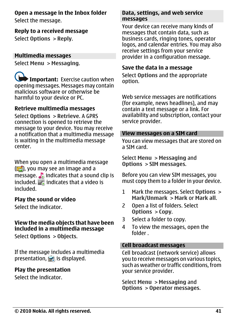 Multimedia messages, Data, settings, and web service messages, View messages on a sim card | Cell broadcast messages | Nokia C6-00 User Manual | Page 41 / 112