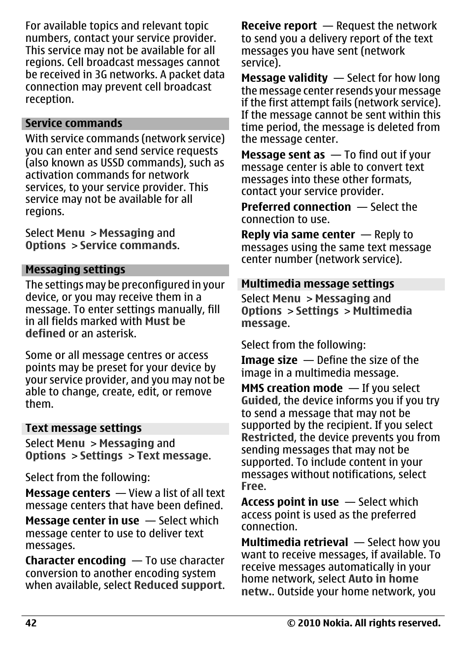 Service commands, Messaging settings, Text message settings | Multimedia message settings | Nokia C6-00 User Manual | Page 42 / 112