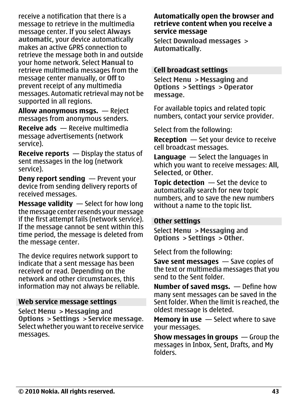 Web service message settings, Cell broadcast settings, Other settings | Nokia C6-00 User Manual | Page 43 / 112