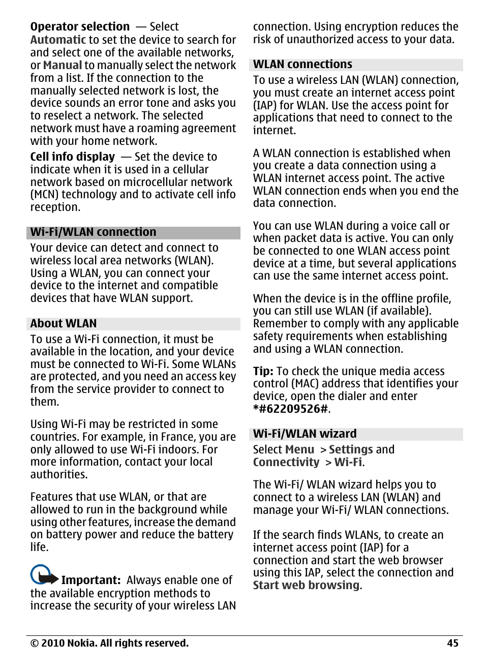 Wi-fi/wlan connection, About wlan, Wlan connections | Wi-fi/wlan wizard | Nokia C6-00 User Manual | Page 45 / 112