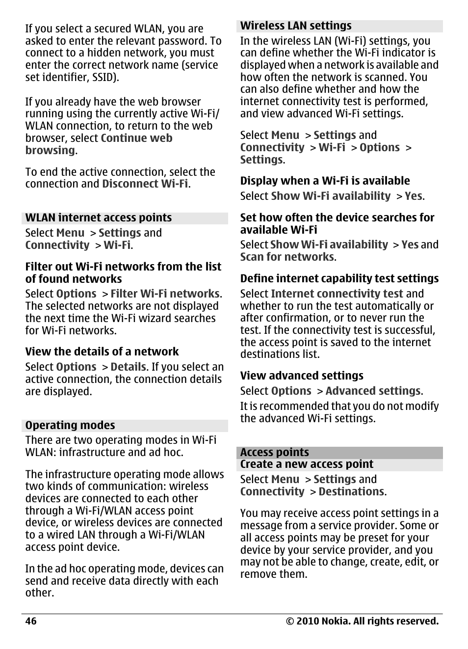 Wlan internet access points, Operating modes, Wireless lan settings | Access points, Create a new access point | Nokia C6-00 User Manual | Page 46 / 112